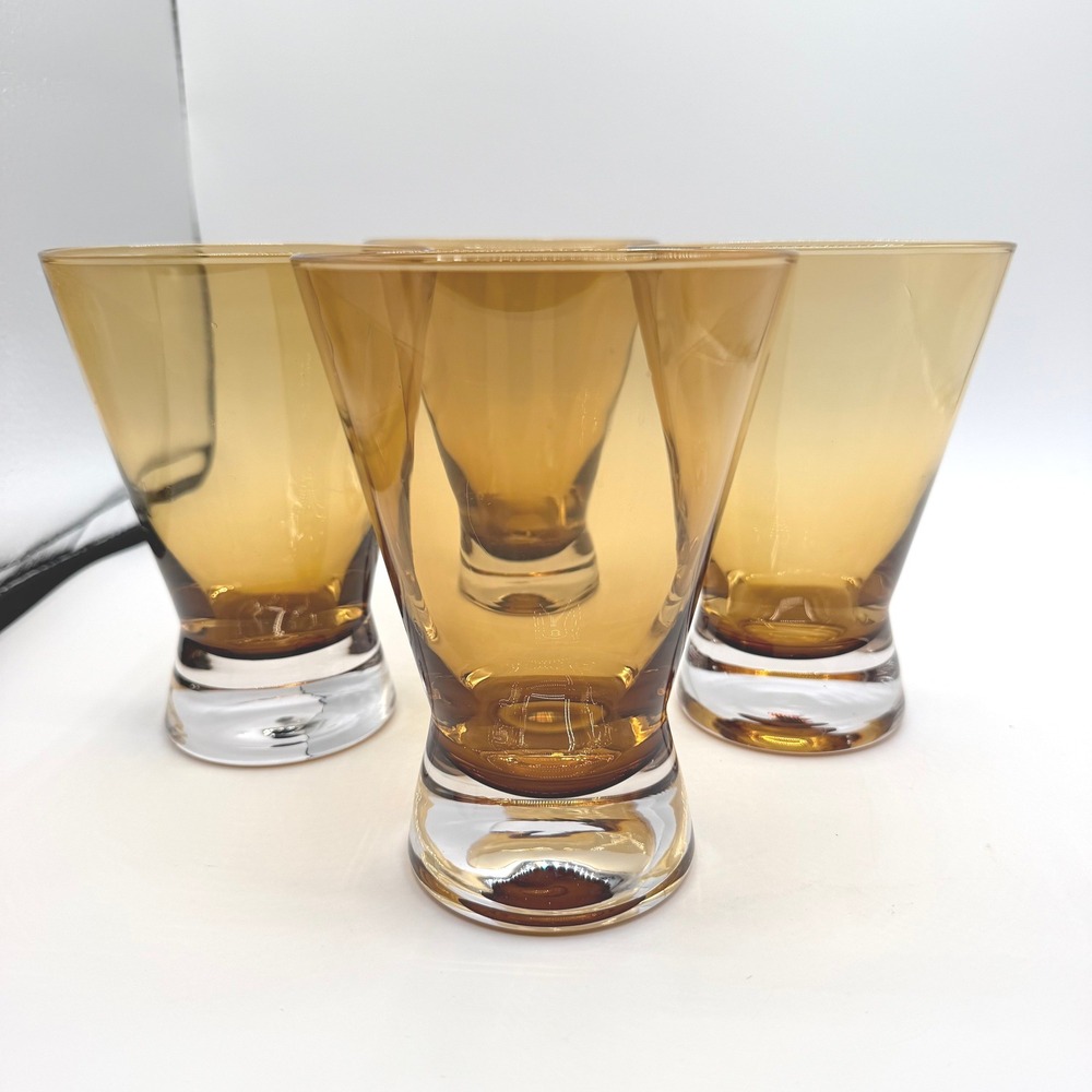 Vintage Amber Glass Drinking Tumblers Set of 4 MCM Flared Weighted Base Brown EX